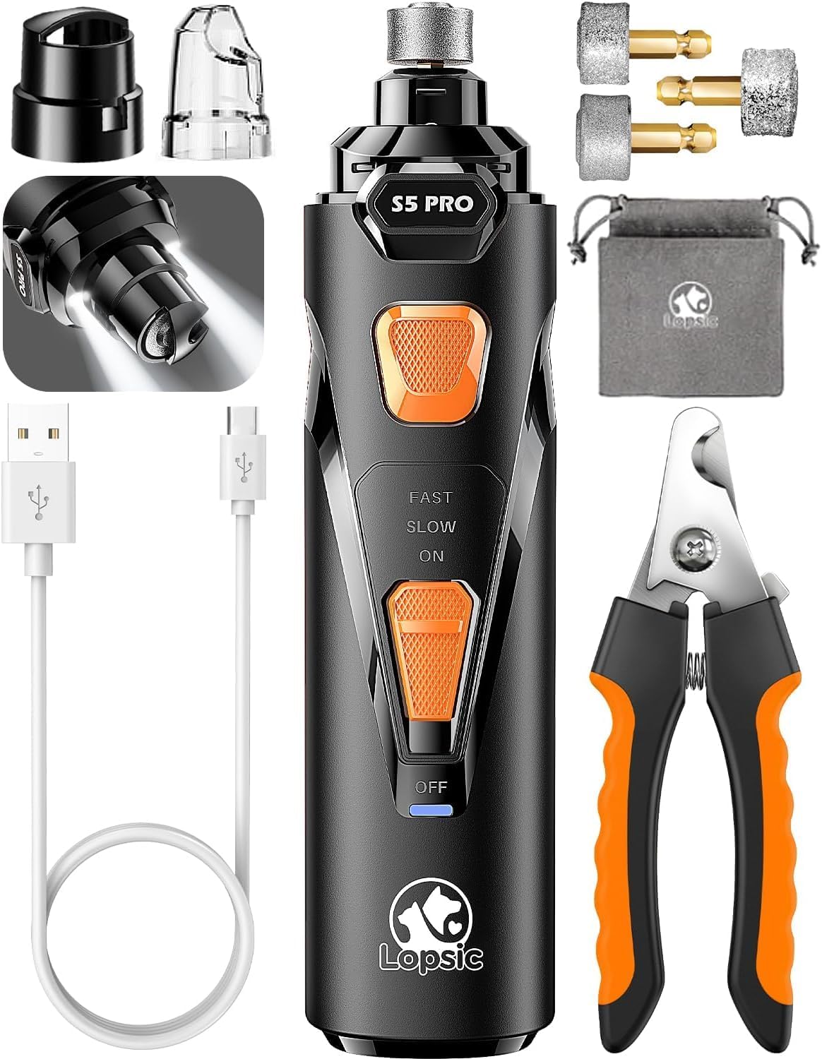 Lopsic S5 Pro Whisper Quiet Dog Nail Grinder Kit | 4 LED Lights | 3-Speed | Rechargeable | Safe for Dogs & Cats All Sizes